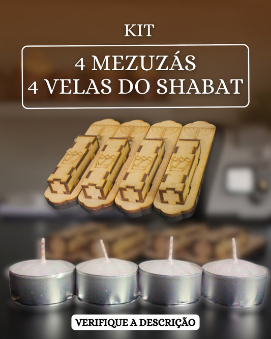 KIT 4 MEZUZÁS + 4 VELAS DO SHABAT - com manual de fixação, oração shema, benção mezuza e velas kosher.